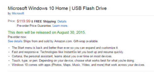 美国亚马逊上的U盘版Windows 10介绍页面