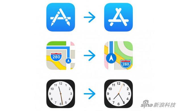 “App Store”、“地图”、“时钟”图标有了新设计